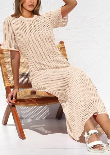 PRETTYGARDEN Womens Eyelet Cover Up Dress 2025 Summer Vacation Resort Maxi Dresses Beach Short Sleeve Hollow Out Sundress (Apricot,Small) - Image 4