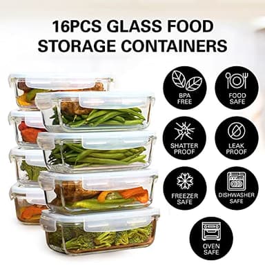 Razab 16 Pc (Set of 8) 30 Oz Glass Meal Prep Containers with Lids, Airtight Large Glass Food Storage Containers, Reusable Leak Proof BPA Free, Freezer to Oven and Dishwasher Safe - Image 9
