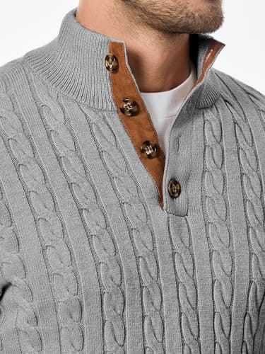 JMIERR Men's Cable Knit Slim Fit Casual Long Sleeve Essentials Soft Touch Button Stand Collar Wool Christmas Sweaters, M, Grey - Image 5