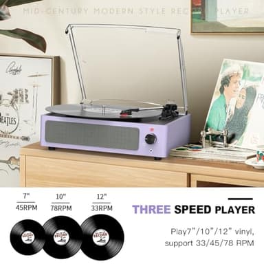 WOCKODER Turntable Vinyl Record Players New Sleek Turn Tables with Speakers Belt-Driven All-in-one LP Phonograph 3-Speed Bluetooth Wireless Playback Headphone AUX RCA Auto Stop Pale Light Purple - Image 2