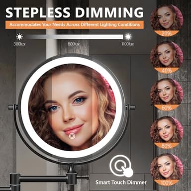 Auxmir 1X/30X Wall Mounted Makeup Mirror with Light, 8" Rechargeable Double-Sided Magnifying Mirror, Vanity Mirror Dimmable 3 Color Light, 360° Extension Rotation Foldable 14.5 Inch Arm, Black - Image 5