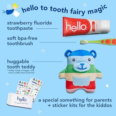 hello Tooth Fairy Kit with Tooth Fairy Door Hanger and Teddy Bear, Includes Full Size Fluoride Kids Strawberry Toothpaste and Kids Toothbrush, for Children Ages 3 and Up - Image 4