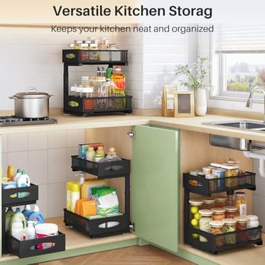 Under Sink Organizer, 2 Pack 2 Tier Pull out Cabinet Organizer Baskets with Mesh Sliding Drawers, Slide out Sink Storage Shelves for Home, Kitchen, Bathroom, Pantry, Office Organizers and Storag,Black - Image 8