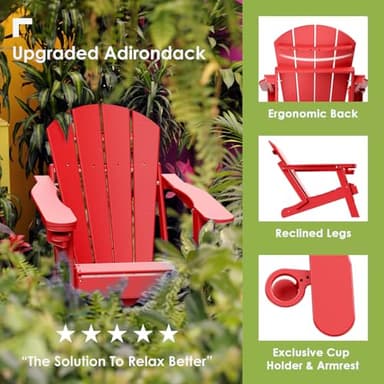GREENVINES Folding-Adirondack-Chairs-Set-of-2 | HDPE Plastic | Fire Pit Chair | All Weather | Cup Holder | Red | for Deck Backyard Patio Outdoor Garden - Image 3