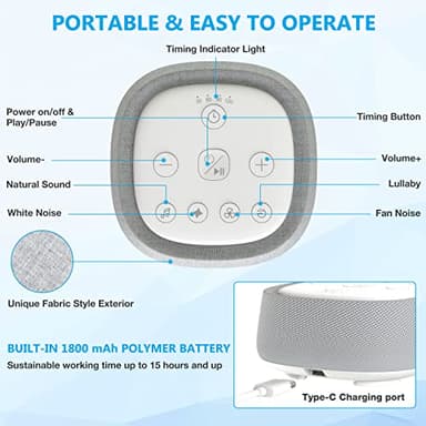 Rechargeable White Noise Machine with 28 Smoothing Sounds, Portable Sound Machine for Baby Kids Adult Sleeping, Auto-Off Timer, 32 levles of Volume Noise Machine Therapy for Home, Office, Travel - Image 3