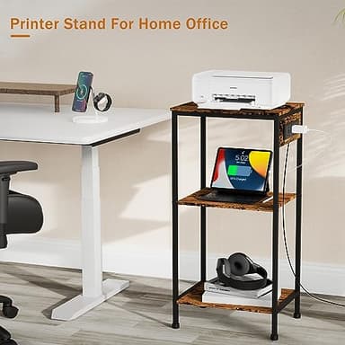 Asgolion Tall End Table with Charging Station, 3 Tier Narrow Tall Nightstand with Storage, Slim Side Table with USB Ports and Outlets for Bedroom, Living Room, Office, Rustic Brown and Black - Image 8