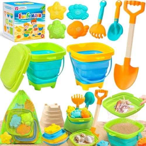 DUDUCOFU Collapsible Beach Sand Toys for Kids Toddlers, Collapsible Sand Bucket with Sifter Shovels Set with Mesh Bag and Sand Molds, Travel Beach Sandbox Toys for Boys Girls 3 4 5 6 7 8 9 10 - Image 1