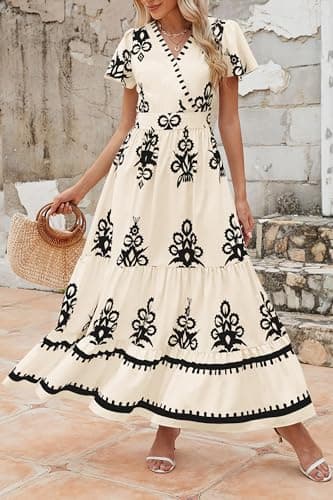 PRETTYGARDEN Womens 2025 Summer Casual V Neck Boho Maxi Dress Flowy Aline Bell Sleeve Tiered Floral Dresses with Pocket (Floral Apricot Black,X-Large) - Image 8