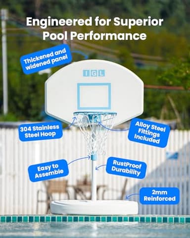 IGL Pool Basketball Hoop Poolside, Height Adjustable Swimming Basketball Hoop Outdoor for Pool, Anti-rust Stainless Steel Rim, Portable Basketball Goal System, Fillable Base, Includes 2 Balls and Pump - Image 5