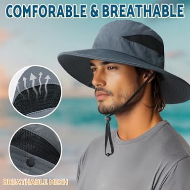 PFFY Sun Bucket Hats for Men Women 3” Wide Brim UPF 50+ Fishing & Beach Hat Darkgrey - Image 5