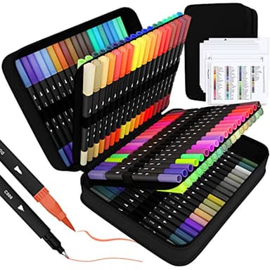 sunacme Art Supplier Dual Brush Markers Pens, 110 Artist Coloring Marker Set, Fineliner & Brush Tip Pen with Premium Case for Adults Coloring Books & Journal, Drawing, Doodlin - Image 1
