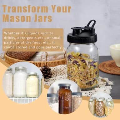 FyndraX Pour Spout Lids for Ball Regular Mouth Mason Jars, Airtight Canning Jar Flip Cap Top Lid for Drinking, Salad, Dressing Pouring, Leak-Proof, Black&Grey Pack of 8 - Image 6