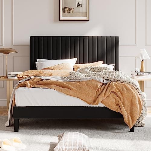 SHA CERLIN Queen Upholstered Platform Bed Frame with Adjustable Headboard/Vertical Channel Tufted Velvet Fabric/Wooden Slats Support/Mattress Foundation/Box Spring Optional/Black - Image 1