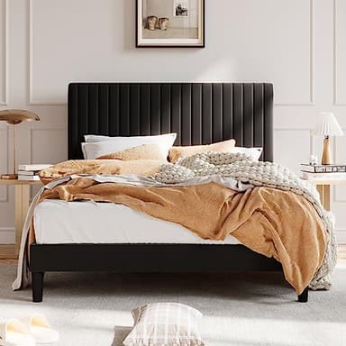 SHA CERLIN Queen Upholstered Platform Bed Frame with Adjustable Headboard/Vertical Channel Tufted Velvet Fabric/Wooden Slats Support/Mattress Foundation/Box Spring Optional/Black - Image 1