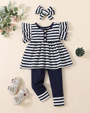 Doresbebe 18-24 Months Baby Clothes Toddler Outfits Floral Shirt Pants Infant Spring Summer Little Girl Clothes DarkBlue+Stripe - Image 2
