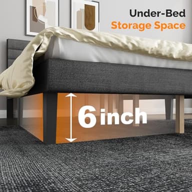 VINGLI Platform Bed Frame Queen Size with Linen Fabric Headboard,Modern Panel Low Profile Bed with Upholstered & Sturdy Slats Support for Bedroom, Mattress Foundation, Dark Gray - Image 7