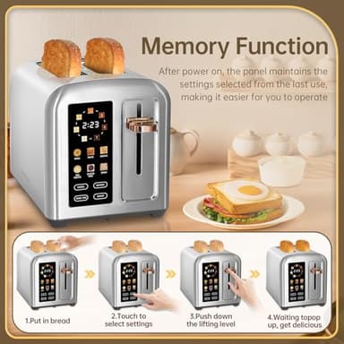 SEEDEEM Toaster 2 Slice, Full Touch Control Stainless Toaster, LCD Display, 50% Faster Heating Speed, 6 Bread Type, 7 Shade Setting, 1.5''Wide Slots, Removable Crumb Tray, 1350W, Silver Metallic - Image 7