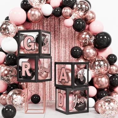 Graduation Party Decorations Class of 2025-86 PCS Grad Party Supplies With LED Light Strings Balloon Block Boxes with Letters Foil Curtain Backdrop 2025 Balloon Garland Kit - Black Pink Rose Gold - Image 6