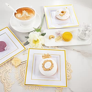 bUCLA 100PCS Gold Square Plastic Plates - 6inch Disposable Dessert/Cake Plates - Premium Hard Square Small Appetizer Plates for Wedding&Party - Image 5