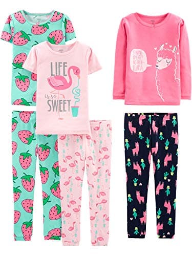Simple Joys by Carter's Girls' 6-Piece Snug Fit Cotton Pajama Set, Green Strawberries/Pink Flamingo/Rose Llama Print/Navy - Image 1