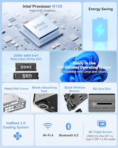 GEEKOM [High-Speed DDR5] Air12 Mini PC | 13th Gen Intel N150 | 16GB DDR5 | 512GB NVMe SSD | 8K@120Hz Triple Display | HDMI 2.0+DP 1.4 | 6 X USB | SD 4.0 Slot | Big Fan | VESA Home/Office/Edu - Image 2