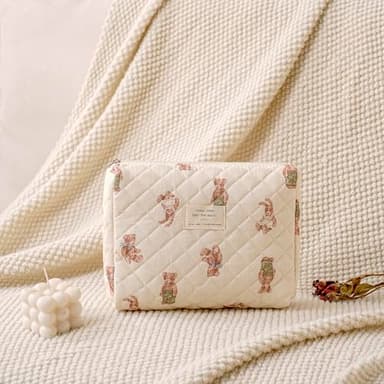 uekeboag Quilted Cotton Makeup Bag,Coquette Quilted Toiletry Bag for Women and Girls,Floral Coquette Pouch,Cute Kawaii Travel Cosmetic Bags(White Bear) - Image 5