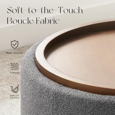 Zihanhome 30 Inch Round Storage Ottoman Coffee Table, Modern Boucle Ottoman with Lift-Off Lid and Solid Wood Legs for Living Room, Bedroom, Corners, Apartments (Grey) - Image 4