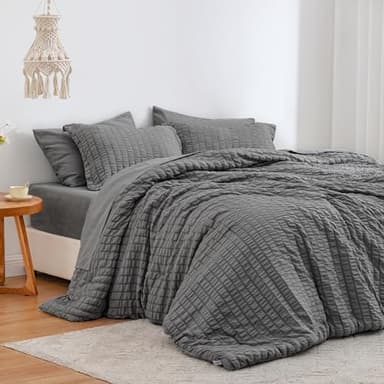 Love's cabin Seersucker Dark Grey King Size Comforter Set 7 Pieces, All Season Bedding Set, King Bed in a Bag Comforter Set with Comforter, Flat Sheet, Fitted Sheet, Pillowcase and Pillow Sham - Image 1
