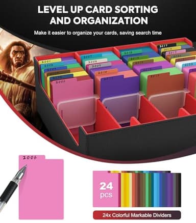 MoKo Trading Card Storage Box, 3000+ MTG Deck Box with 24 Colorful Dividers & 4 Card Supporters, Commander Card Deck Case Fits for Magic Game Cards, YugiOh, TCG, PTG and Sport Cards, Black Red - Image 5