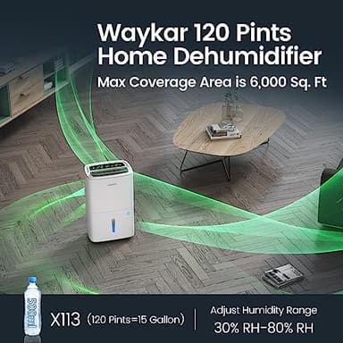 Waykar 120 Pints 2025 Energy Star Home Dehumidifier for Spaces up to 6,000 Sq. Ft at Home, in Basements and Large Rooms with Drain Hose, Handle, Auto Defrost and Self-Drying. - Image 2
