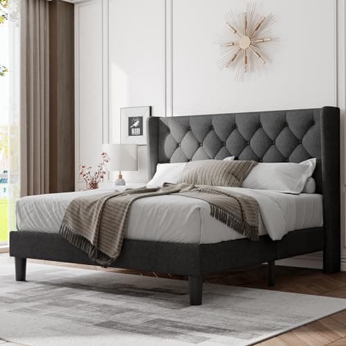 Feonase Queen Size Bed Frame with Diamond Tufted Wingback Headboard, Morden Upholstered Platform Bed, Sturdy Wooden Slats Support, Noise-Free, No Box Spring Needed, Easy Assembly, Dark Gray - Image 1