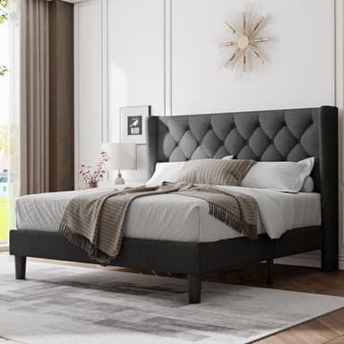 Feonase Queen Size Bed Frame with Diamond Tufted Wingback Headboard, Morden Upholstered Platform Bed, Sturdy Wooden Slats Support, Noise-Free, No Box Spring Needed, Easy Assembly, Dark Gray - Image 1