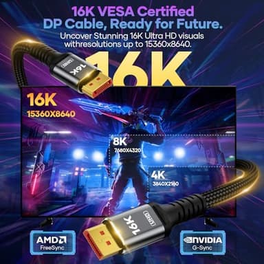 VESA Certified 16K Displayport Cable 2.1, DP 2.1 Cable 10FT-3M [16K@60Hz, 8K@120Hz, 4K@240Hz 165Hz 144Hz] Support 80Gbps HDR, HDCP DSC 1.2a, Compatible FreeSync G-Sync Gaming Monitor 4090 7900xtx - Image 2