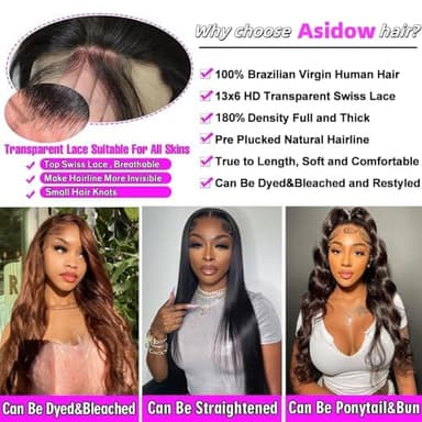 Asidow 30 Inch Body Wave Lace Front Wig - Human Hair Pre Plucked Glueless Brazilian Virgin 200% Density Lace Front Wig - Baby Hair HD Frontal - Natural Black - Image 5