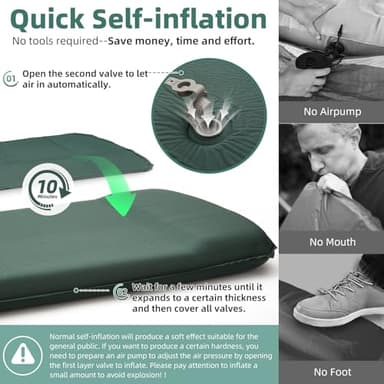 3.15" Self Inflating Camping Sleeping Pad, Ultra-Thick Elasticity Foam Fast Inflating 4-Season Insulated Durable Camping Mat Air Mattress with Pillow, for Tent, Car, Camping, Traveling, Green - Image 2