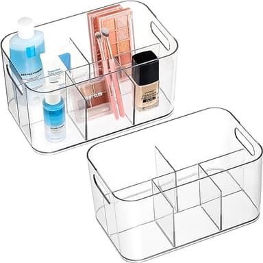 2 Pack, 5-Compartment Clear Plastic Bin - Divided Art Supplies, Cosmetic Makeup Caddy Organizer - Multiuse Storage Container for Vanity, Bathroom, Kitchen, Office, Craft, Shower, Cleaning Items - Image 8