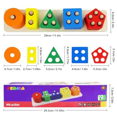 PEBIRA Montessori Toys for 1 to 3-Year-Old Boys Girls Toddlers, Wooden Sorting & Stacking Toys for Toddlers and Kids Preschool, Educational Color Recognition Shape Sorter, Learning Puzzles Gift - Image 6