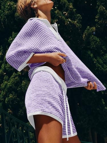 Tankaneo Womens Sweater Set 2 Piece Outfits Oversized 3/4 Sleeve V Neck Knit Tops High Waisted Shorts Lounge Sets - Image 4