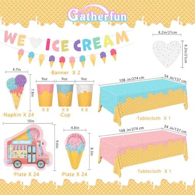 Ice Cream Party Supplies Kit for 24: Ultimate Bundle with Vibrant Paper Plates, Napkins, Cups, Tablecloth & Banner - Ice Cream Birthday Party Decorations - Image 3