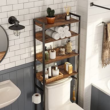 MAHANCRIS Over The Toilet Storage Rack, 4 Tier Bathroom Organizer Over Toilet, Freestanding Space Saver Toilet Stand with 2 Hooks, Bathroom Storage Shelf, Easy to Assemble, Rustic Brown TSHR0401Z - Image 4