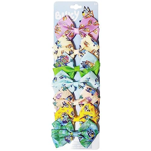 Bluey Kids Hair Bows - Hair Accessories Gift Set - Bluey Hair Bow - 7 Pcs 4 Inch Bow Bundle - HairBows for Girls - Different Bluey print on each clip - Alligator Clip - Ages 3 + - Image 1