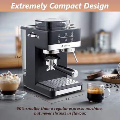 tesslux Espresso Machine with Grinder, 20 Bar Compact Espresso Maker with Milk Frother Steam Wand, Professional Coffee Machine for Home, Touch Control, Cappuccino & Latte Maker - Image 7