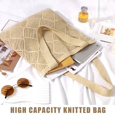 Crochet Tote Bag For Women, Crochet Mesh Beach Tote Bag Summer Vacation Aesthetic Boho Knit Bag for Women (J/Khaki) - Image 2