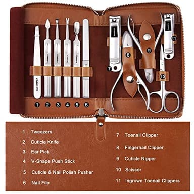FAMILIFE Manicure Set, Professional Manicure Kit Nail Clippers Set 11 in 1 Stainless Steel Pedicure Tools Nail Kit Men Grooming Tool with Portable Brown Leather Travel Case Luxury Gifts for Him - Image 9