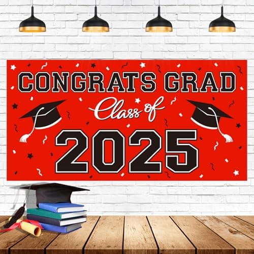 2025 Graduation Party Plastic Backdrop - 65" x 32.7" Congrats Grad Banner in Red, Large Class of 2025 Decorations, Photography & Grad Party Supplies - Image 1