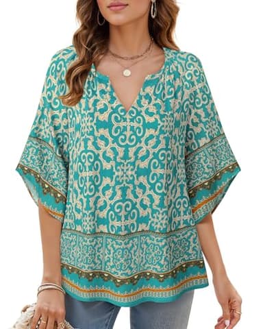 Bebonnie Linen Shirts for Women: 3/4 Sleeve Dressy Casual V Neck Boho Tops - Summer Linen Beach Vacation Clothes - Ladies Blouses Work Professional Flattering Outfits to Hide Tummy Multi Blue XL - Image 2