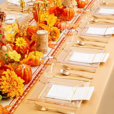 Festiva 350Pcs Clear Plastic Plates with Gold rim - Clear Gold Disposable Dinnerware for 50 Guests include 100 Square Plastic Plates 50Cups 50Cutlery 50Napkins Perfect for Thanksgiving Party&Wedding - Image 9