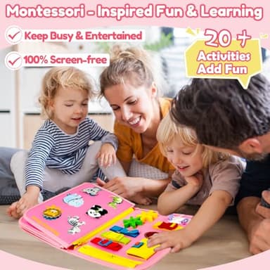 Qizfun Busy Board Book Montessori Toys for 1 2 3 4 Year Old, Girl Birthday Gifts, Educational Sensory Learning Toy for Toddlers 1-3, Car Airplane Travel Activities Toys for Kids Ages 2-4 Year Old - Image 2