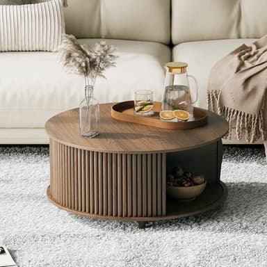 JOINICE, Round Coffee Table with Storage, Mid Century Modern Center Table with Sliding Cabinet Door, Fluted Dining Table for Living Room, Home Small Space, 31.5", Walnut - Image 6