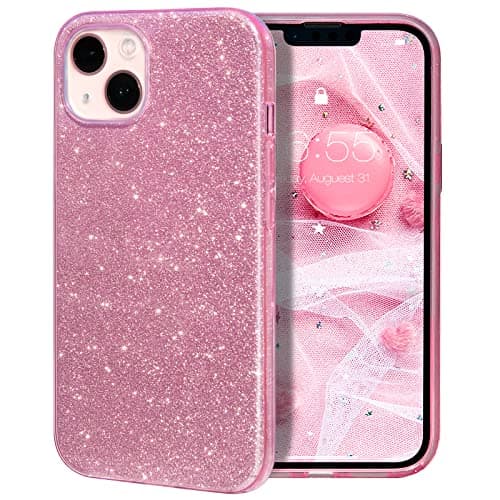 MILPROX Compatible with iPhone 14 Case - Glitter Sparkly Shiny Bling Rubber Gel Shell 3 Layers Shockproof Protective Bumper Cover - Pink - Image 1